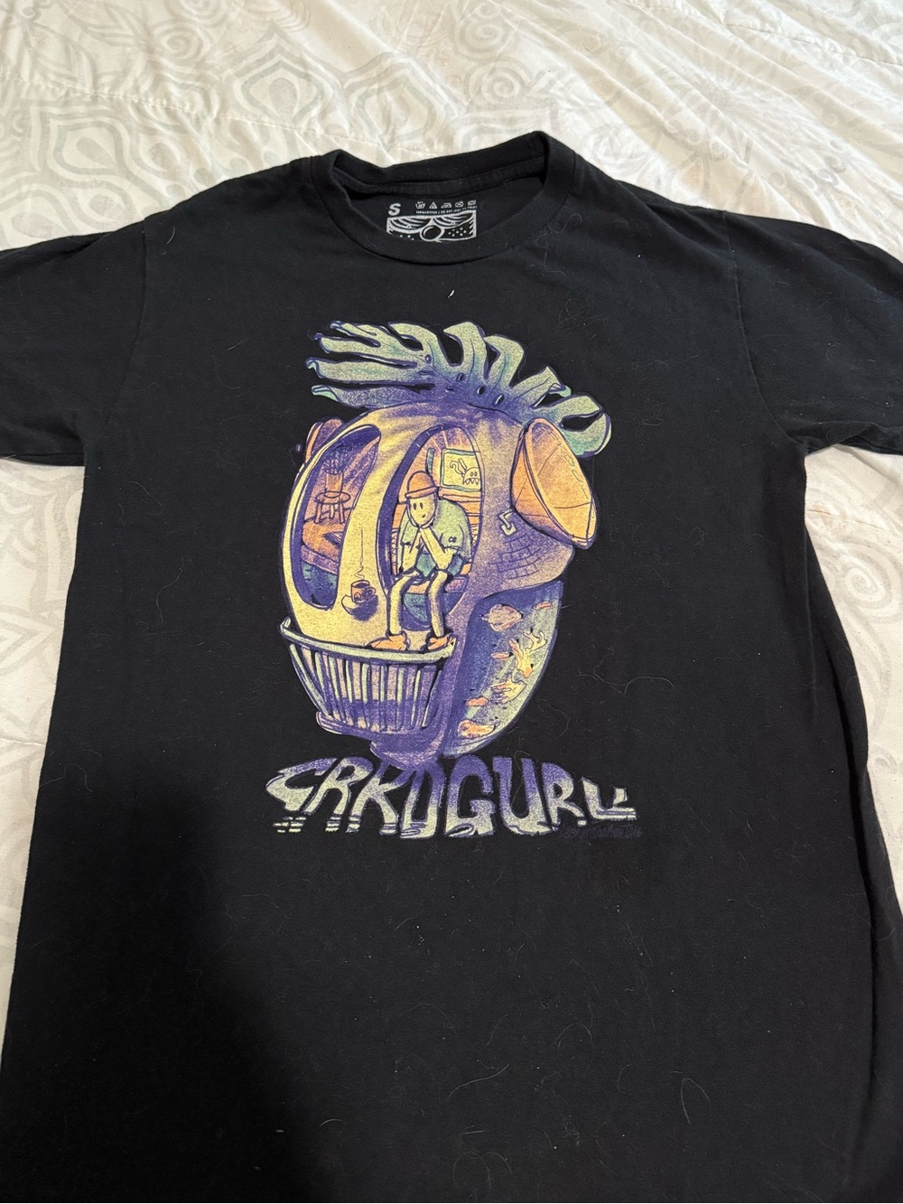 CRKDGURU Black Short Sleeve Graphic Tee - Yellow & Purple Print